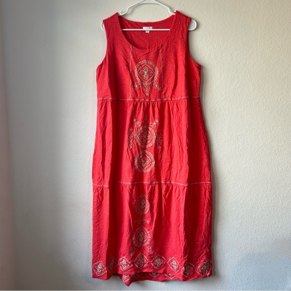 J Jill Maxi Dress 1X Tiered Embroidered Beaded Coral Beach Casual Cruise Boho - Picture 2 of 16